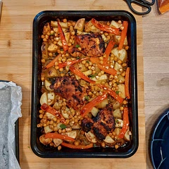 this recipe is so good and cooking the potatoes straight in the oven w the stock does work! takes about an hour and put the chicken in like 10 mins later, or in the last 15mins if using breast