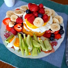 Makes 3-4 pancakes. And i omitted the butter and the oil, still the same ;). As you can see I heavily topped it with fruits, greek yoghurt, one boiled egg and cucumber on the side. I recommend it for breakfast/brunch or snack!