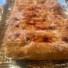 This ended up tasting really good. I let my focaccia sit too long after dimpling before baking so it continued to rise. I added a bit of lemon extract to my glaze that went great with the low sugar raspberry jelly from Trader Joe’s.