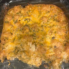 I actually made the onion dip at home with a kick of sour cream, Greek yogurt and Lipton onion soup mix with some 2% milk to smooth it out. Added green beans because I only had 20oz tater tots.