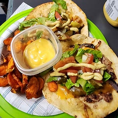 It was a process! A bit greasy... but tasty taco. I smooshed the meat to the flour tortilla. Threw sliced onions on the pan first, then laid the taco meat side down so onions would cook along with it. Thinking next time a garlic and Sriracha aoli.

Oh and carrot chips in the air fryer ftw!