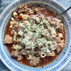 I tweaked it a bit (we didn’t have carrots, celery, or wine) and added extra pasta and seasoning. Added Parmesan and parsley on top. My husband said it’s one of the best soups I’ve ever made!