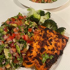 A really simple, delicious, different way to have salmon. Literally took 30 minutes to knock it together. I really liked the salsa topping, I used two avocados and 5 tomatoes to make it more like a side dish. Will deffo be making this again