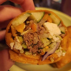 80/20 beef 
Veggies to your liking, plus feta cheese 