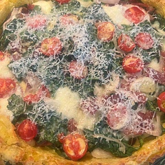 Used a 9.5” pie pan, 3 eggs but forgot to increase the milk. The potato crust came out fantastic! Golden and crispy, and the taste is wonderful, sweet cherry tomatoes from our garden with spinach and some bacon.