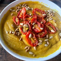 A yummy and hearty soup! It was incredibly thick even after adding an extra cup of broth. Topped with sunflower seeds and slow roasted cherry tomatoes. Would be good with curry powder for a little more flavor.