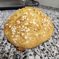 I followed the updated 1/2 part full fat/creamy/barista oat milk and 1/2 part water ratio so the bread was lighter and not so dense. It turned out well!