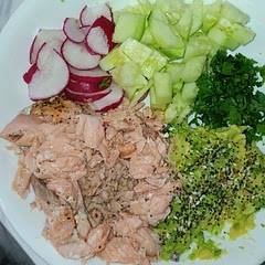 Added leftover salmon from last night's dinner as well. Basically a poke bowl and I love poke bowls.