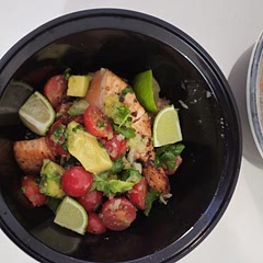 Quick one to make. I would probably start with a lower heat for the salmon so it cooks through before increasing the heat. 