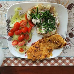 Made with baked potatoes. Simple but delicious. Was amazed that the chicken remained moist with a crunchy coating.