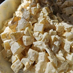 So I cheated, was rushed for time. I used precooked/diced potatoes from grocery, about 3 lbs.   (not hashbrowns)  only had 5 eggs and skipped the green onions (but will try to use next time).  The flavor is great! I had Dukes mayo. 