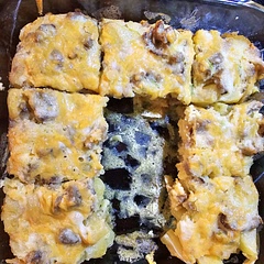 Diced potatoes, cooked on stove for about 10 minutes and put into the casserole dish before adding the mixture on top. Added green onions to the mixture and put extra cheese on top of it all! Soooooooo good!!!!