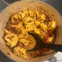 I used this recipe as a guide but didn’t have chicken so used the Costco tortellini and just made the base sauce and boiled the tortellini for 3 minutes in the mixture then served. My family enjoyed!