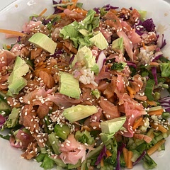 I added red cabbage, carrot, cucumber, pickled ginger, sesame seeds & coriander. I just drizzled coconut aminos and soy sauce over. Delicious!