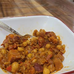 I omitted cayenne and chili pepper, I used 2 and half fresh tomatoes instead of canned(didn't have). Also, I only had a teaspoon of almond butter.  It still turned out decent. 