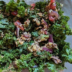 I massaged the kale with some olive oil and lemon before adding the mix ins 
Used a brown rice & quinoa instead of just quinoa
Had to add a bit more water to the dressing and would make more next time
