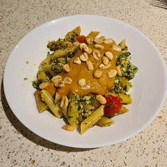 Used cashews instead of pine nuts. Pesto needs to be tightened up. Great flavours. Delicious!!