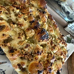 My favourite recipe for sourdough focaccia. This one is a garlic  scape pesto, walnuts mozzarella and honey. 
Thank you for all the recipes you share!!