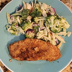 Make sure to marinade before breading or a sauce after cooking will be needed. Very tender and juicy.  Only made half the breading and it covered 3 breast halves. Cooked in the air fryer for 12 minutes on bake setting. Served with broccoli slaw. 8/10