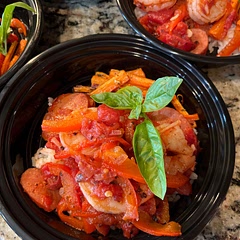 Start with the squad age to tender the fat and flavor the onion and veggies.  Great looking dish!  Added roasted carrots for the side.