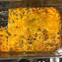 I used hot Italian sausage in the egg mix. Baked for 30 minutes. Also blended in cotija cheese and added to the top and also sprinkled some sharp cheddar right before finished baking. Garnished with cilantro and fresh avocado. Delicious!