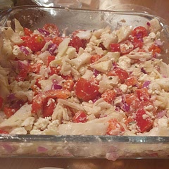Surprised on how much we liked it. Even Didier did (not a feta fan). 
We had to improvise with cabbage instead of Cucumber and no olives, but very happy with the result. 