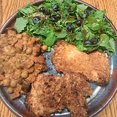 Cut the heat down and subbed panko crumbs. Served with salad and chickpea, eggplant, and tomato  peanut curry.