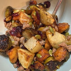 We added roasted potatoes (cooked with Brussels sprouts and same seasoning) and added turkey sausage and it was so delicious!