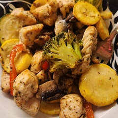 Added a lot more spices. I used yellow squash, zucchini, broccoli, red bell pepper, mushrooms, and chicken breast.