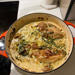 I added leek and chanterelle mushrooms and 2 large skin on chicken breasts. Also added pancetta. Very tasty. Served with green beans and hasselback potatoes.