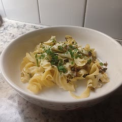 For convenience, I just used egg noodles. I ran out of white onions but green onions turned out good. Very good comfort food. 