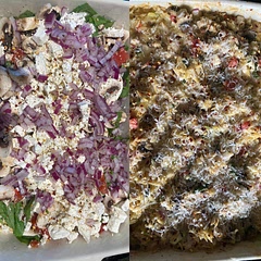 I added 1/4 cup of 33% cream, sliced mushrooms, finely diced red onion, red pepper chili flakes,  Italian and Greek seasoning, and grated parm. You can easily leave the chicken out and use veggie broth to make it vegetarian. 👩‍🍳 I cooked it for 20 min, stirred it and cooked another 25 min. I then put grated parm on top and back in for 5 min. Once done, I added a little more finely grated fresh parm and chili flakes. For olive lovers, I added some chopped kalamato olives and he loved it! This is going in the monthly rotation 👩‍🍳
