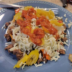 Low carb no bun.  Loose meat not patties.  No jalapeño or liquid smoke.  Used sweet peppers instead.  Very good.  Hubby put it on a bed of lettuce