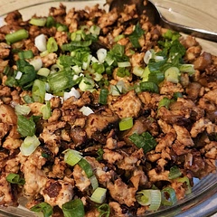 Mix cornstarch slurry (1 tbsn cornstarch, 2 tpsn water) to keep the meat from getting dry. I mixed it after I put the meat in the pan. 

A lot comments on too sweet, so I did 3 and half tspns of brown sugar