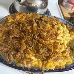 I was out of flour, so my sauce wasn’t thick. I added a pinch of ground Mustard. And used crunchy french onions on top. Sprinkled Gruyere, parmesan, paprika on top. Topped with the crunchy onions
