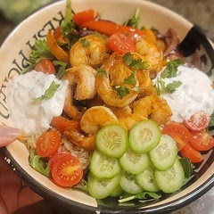 I made a garlic Cilantro lime aioli with Greek yogurt. It was the perfect spicy/acid to go with the savory saltiness of the veggies and shrimp! Through some extra veg on top and it was great!