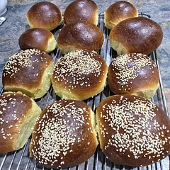 Beautiful light fluffy and easy, I did a milk brush and sprinkled sesame seeds on some. 
(I did leave them in oven a little too long as I was multitasking but we're delicious)
