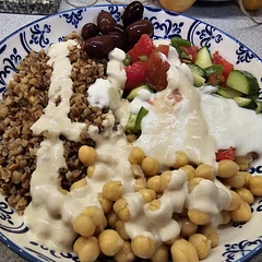 I made a few changes.  I didn't have quinoa, so I used buckwheat groats.  Not ideal, but not bad.   I was running short of time, so I made a tahini sauce instead of hummus. Even with all of the changes, it was still very yummy. 
