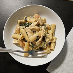 We essentially doubled the recipe because I measured the garlic with my heart. We added red pepper flakes and used both parmesan and pecorino cheeses. We used rigatoni as our pasta. 