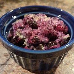 I used 1 cup of 2% milk, maple syrup, and frozen blueberries. I also added 1T of chia seeds (the reason for increased liquid). I was pleasantly surprised at how delicious this was and feel some remorse that I didn't discover it sooner! I knew the frozen blueberries would cause some discoloration so I did not stir them in; which helped.