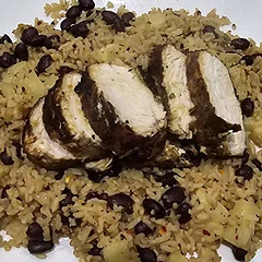 I added the salsa to the rice when cooking it just to heat through the beans and caramelise the pineapple slightly. I may have added a touch too much chilli to the rice - it was OK for me but it blew my wife's head off!