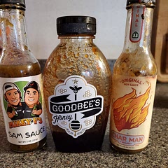 This is the bomb! Can't wait to try it on chicken & waffles. 
These were what I used: Goodbee's honey is from Round Rock, TX, Mikey V's Sam Sauce is from Georgetown, TX, and Char Man is from Ventura, CA. 