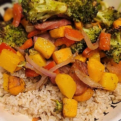 I switched it up a but and added things! I went with andouille sausage, and added butternut squash and a red onion to the veg. Omitted Italian seasoning and tossed in a Cajun seasoning instead. Put over brown rice and arugula. Omg. So tasty! 