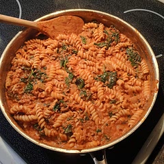 I doubled the recipe, added 1lb of ground beef, used crushed tomatoes instead of diced, used rotini because I didnt have penne, and also added garlic powder, smoked paprika, onion powder, and Italian seasoning. Delicious and the kids ate it!! 