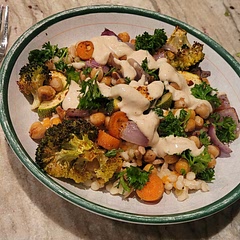 SO tasty! I used more maple syrup than the recipe called for to sweeten the sauce and might even try greek yogurt next time. Also used pearl couscous. The recipe made approx 4 dinner servings for us