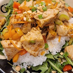 I cut the chicken into bite sizes pieces making the cook time easier to Guage as they were very large chicken breasts. I also added matchstick carrots and an orange bell pepper. Made with white rice and put over arugula! 