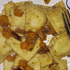 I didn't make my own ravioli because it's a work night, so I used cheese ravioli and added the brown sugar and nutmeg to the squash in the oven.   Wasn't bad.  Will try again when I have time to actually make the ravioli myself