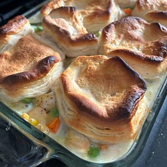 Kind of followed the directions, cooked my own chicken. It was a little soupy.. and the pillsbury grand rolls didn’t cook thoroughly. If I make it again, no milk, just the cream of chicken and different rolls on top.. something different.