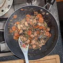 Added some spinach, mushrooms and extra carrots as they needed to be used up. Doubled up the sauce to make up the extra veggies.