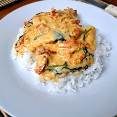 I halved the Parmesan, doubled the sun-dried tomatoes, and added mushrooms & chicken stock. I swapped the flour for cornflour to make it GF.
Served on a bed of Jasmine rice. My children rated the meal an 8 out of 10. 